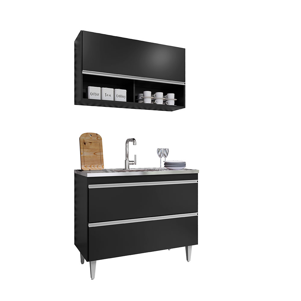 Conjunto Balcão de Cozinha Armário Aéreo Wollo MDP/BP Preto G96 - Gran Belo