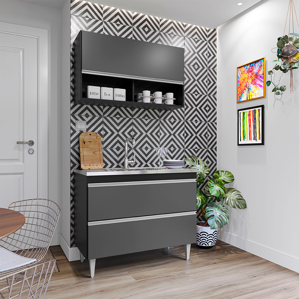 Conjunto Balcão de Cozinha Armário Aéreo Wollo MDP/BP Preto/Grafite G96 - Gran Belo