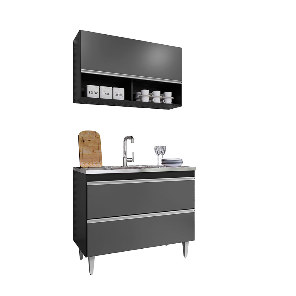 Conjunto Balcão de Cozinha Armário Aéreo Wollo MDP/BP Preto/Grafite G96 - Gran Belo