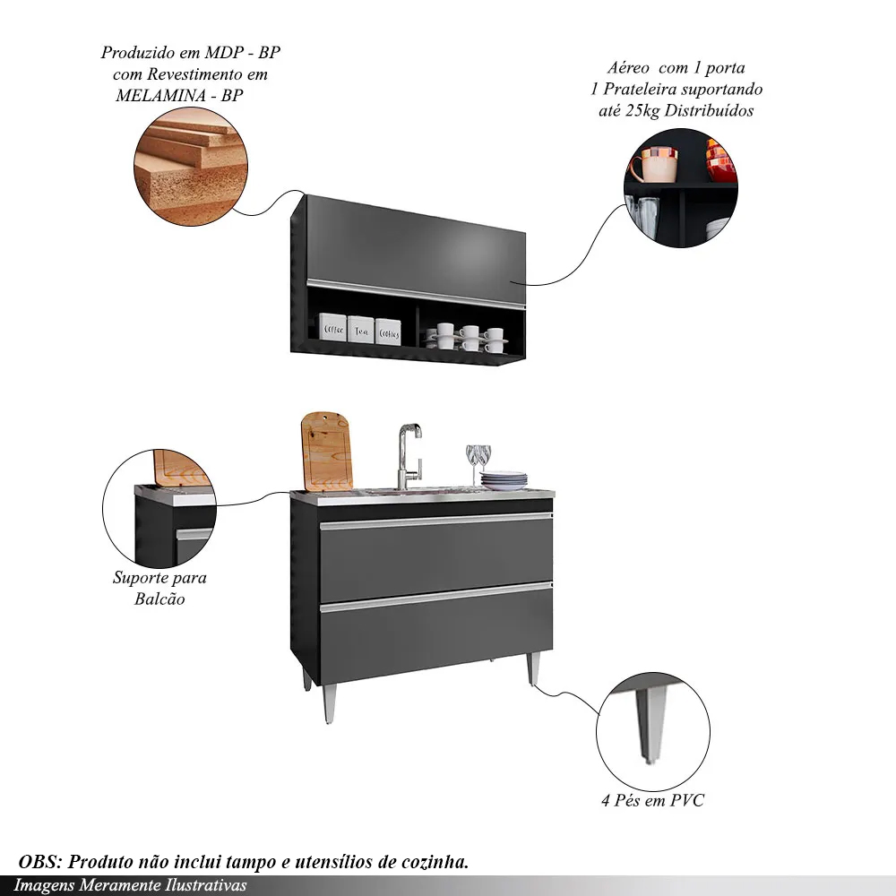 Conjunto Balcão de Cozinha Armário Aéreo Wollo MDP/BP Preto/Grafite G96 - Gran Belo
