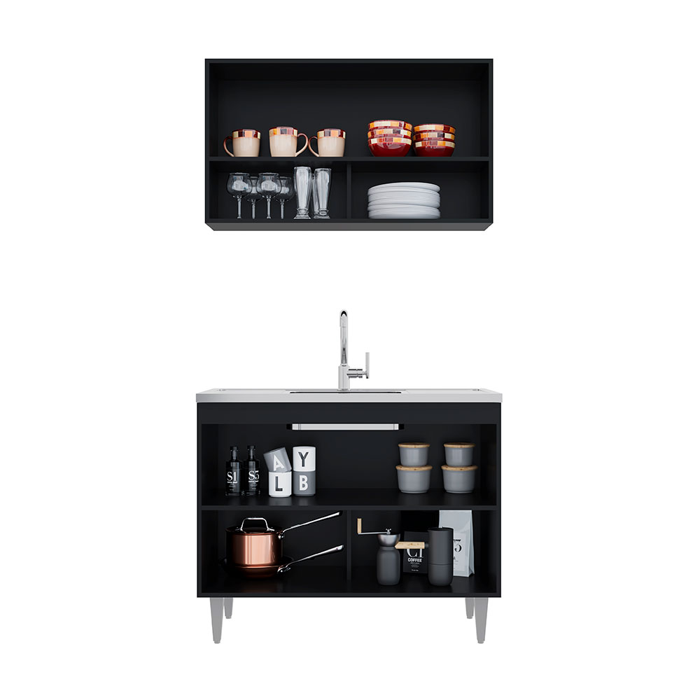 Conjunto Balcão de Cozinha Armário Aéreo Wollo MDP/BP Preto/Grafite G96 - Gran Belo