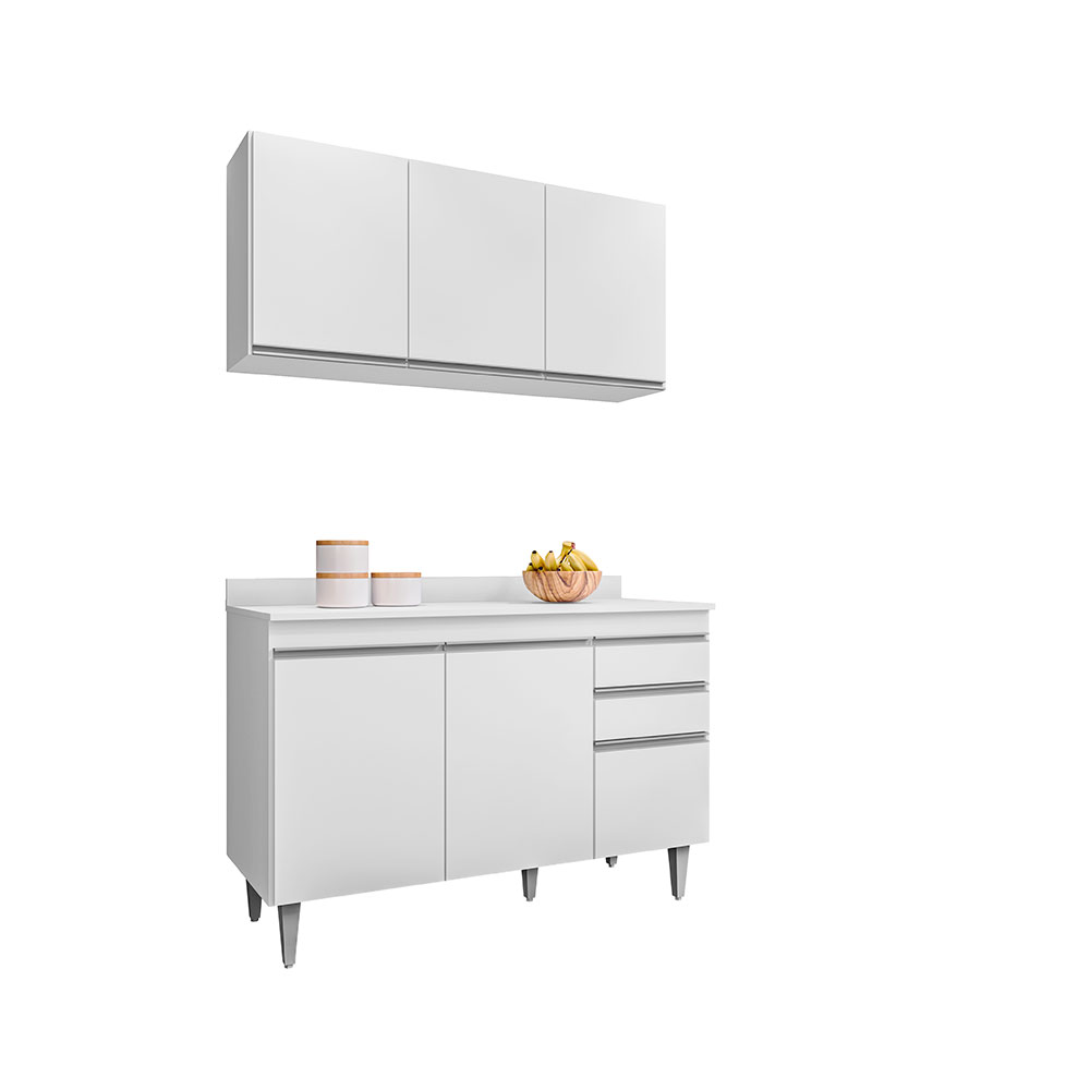 Conjunto Balcão de Cozinha Pursat com Tampo e Armário Aéreo MDP/BP Branco G96 - Gran Belo