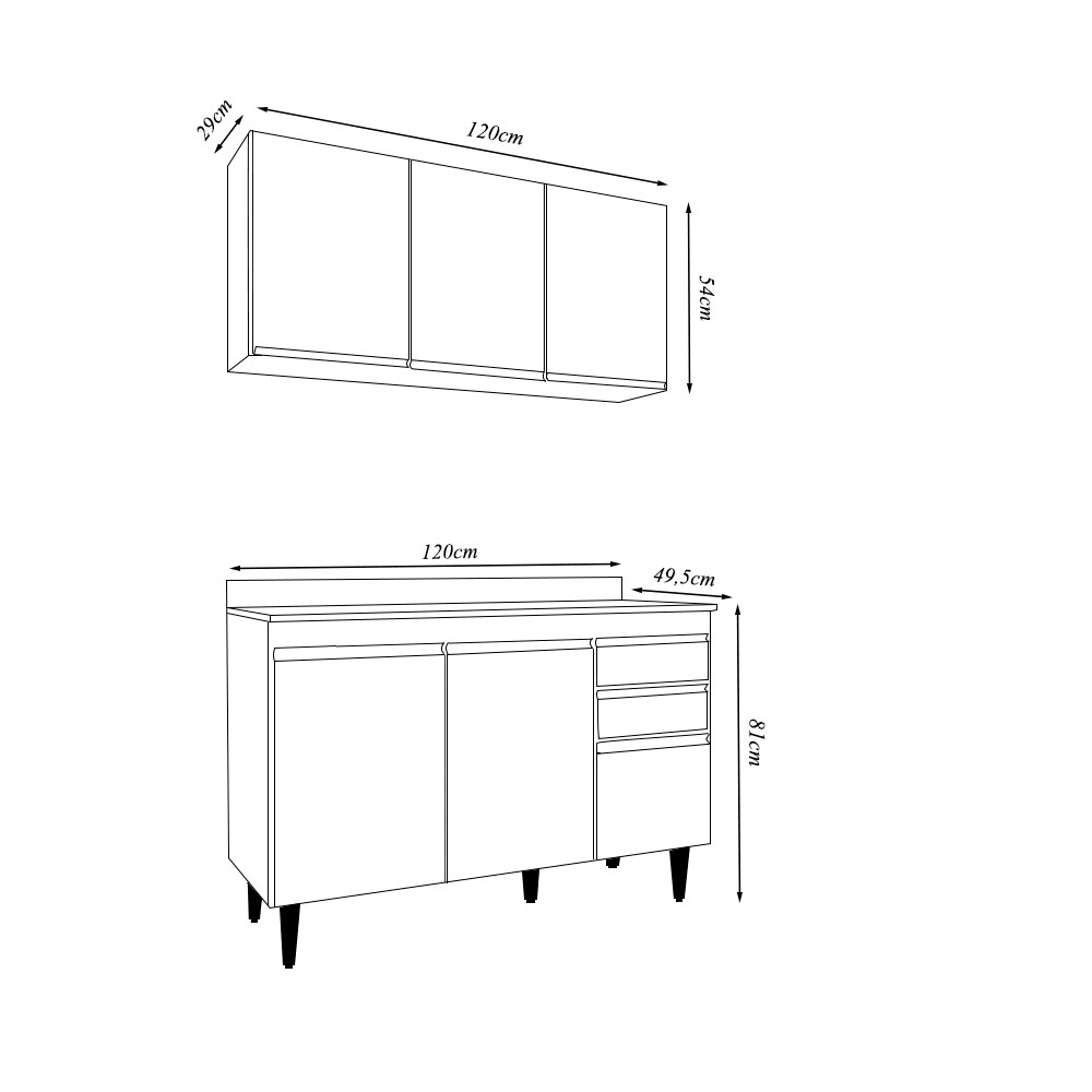 Conjunto Balcão de Cozinha Pursat com Tampo e Armário Aéreo MDP/BP Branco G96 - Gran Belo