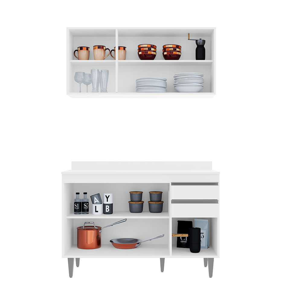 Conjunto Balcão de Cozinha Pursat com Tampo e Armário Aéreo MDP/BP Branco G96 - Gran Belo
