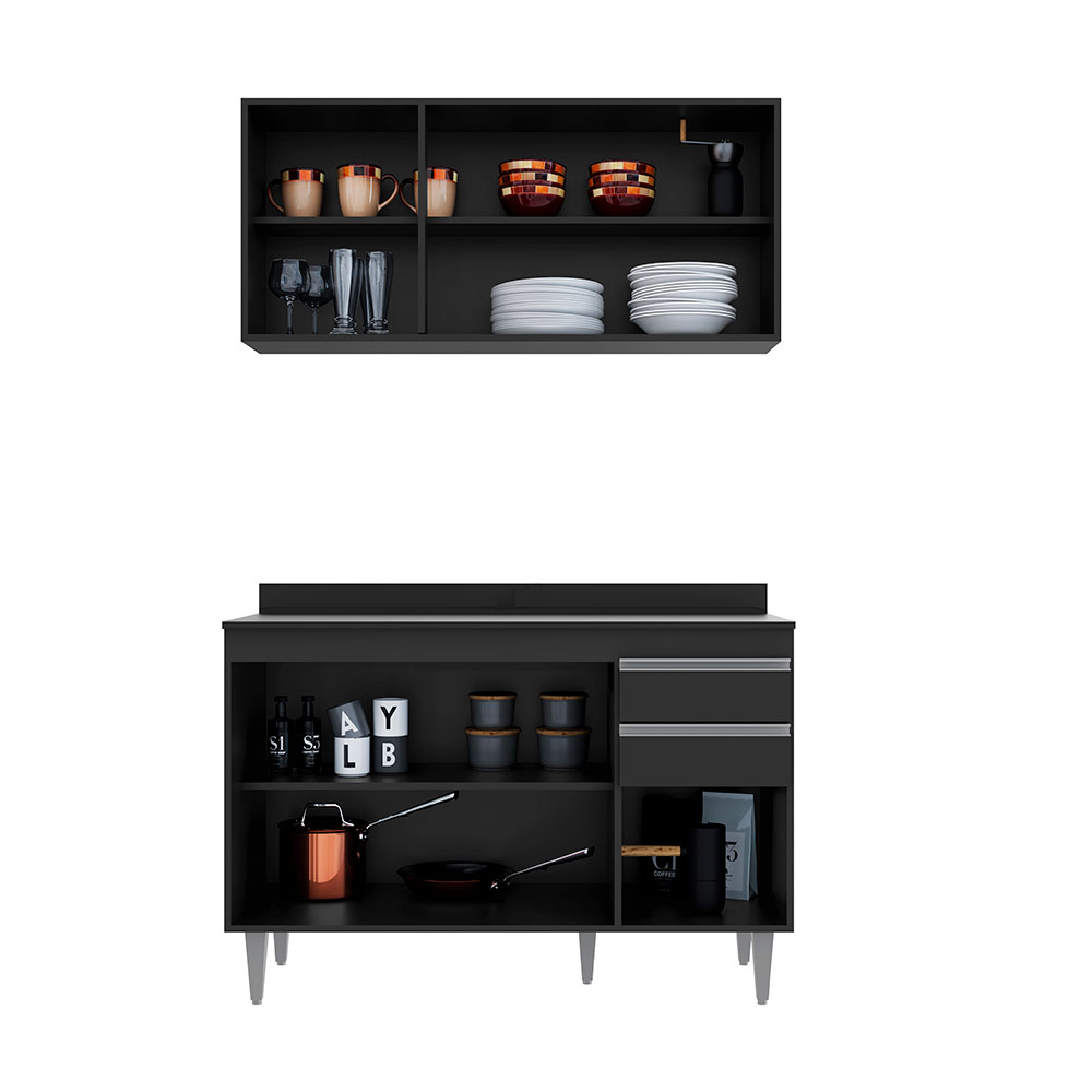 Conjunto Balcão de Cozinha Pursat com Tampo e Armário Aéreo MDP/BP Preto G96 - Gran Belo