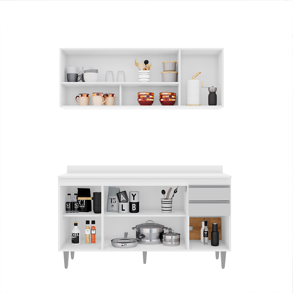 Conjunto Balcão de Cozinha com Aéreo Tampo Dodoma MDP/BP Branco G96 - Gran Belo