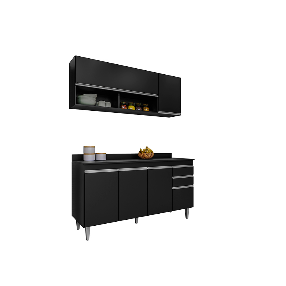 Conjunto Balcão de Cozinha com Aéreo Tampo Dodoma MDP/BP Preto G96 - Gran Belo
