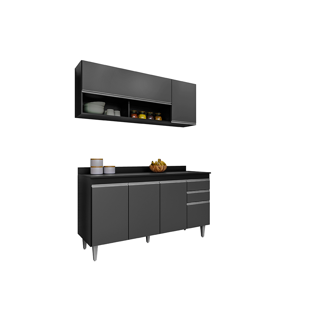 Conjunto Balcão de Cozinha com Aéreo Tampo Dodoma MDP/BP Preto/Grafite G96 - Gran Belo
