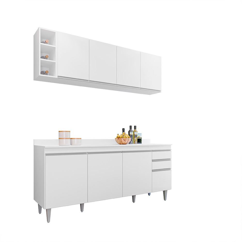 Conjunto Balcão de Cozinha com Tampo Apex Armário Aéreo MDP/BP Branco G96 - Gran Belo