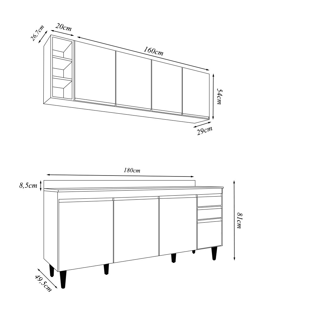 Conjunto Balcão de Cozinha com Tampo Apex Armário Aéreo MDP/BP Branco G96 - Gran Belo