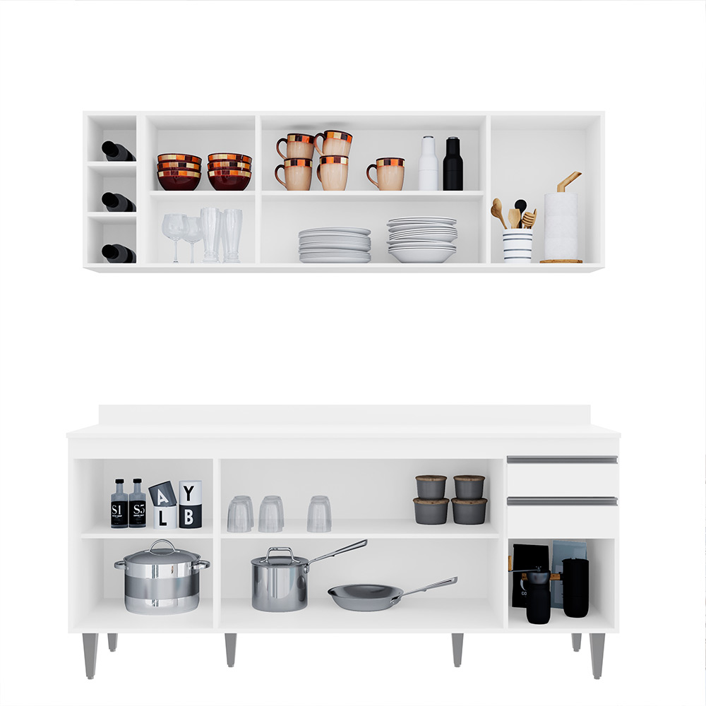 Conjunto Balcão de Cozinha com Tampo Apex Armário Aéreo MDP/BP Branco G96 - Gran Belo