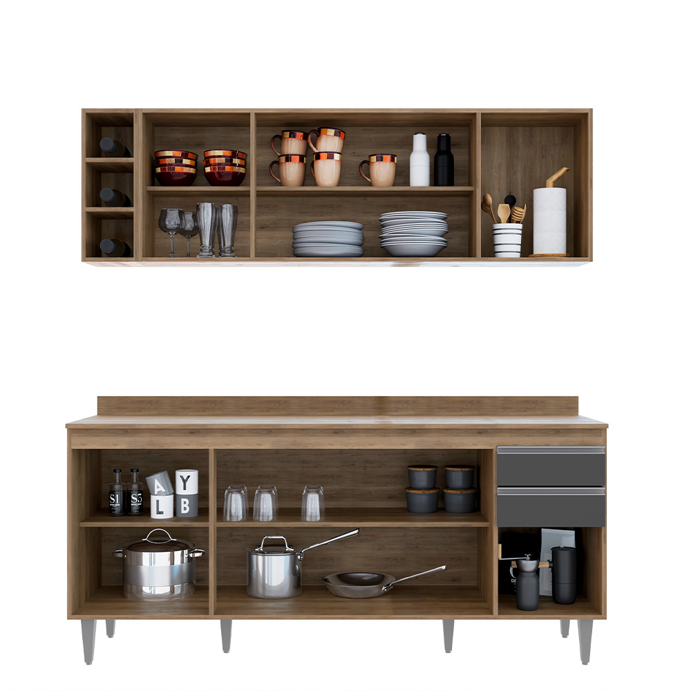 Conjunto Balcão de Cozinha com Tampo Apex Armário Aéreo MDP/BP Freijó/Grafite G96 - Gran Belo