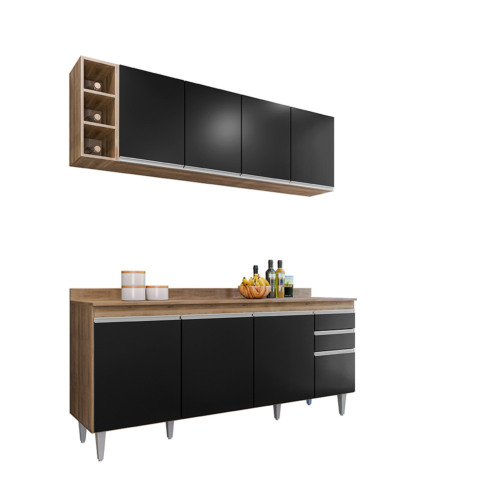 Conjunto Balcão de Cozinha com Tampo Apex Armário Aéreo MDP/BP Freijó/Preto G96 - Gran Belo