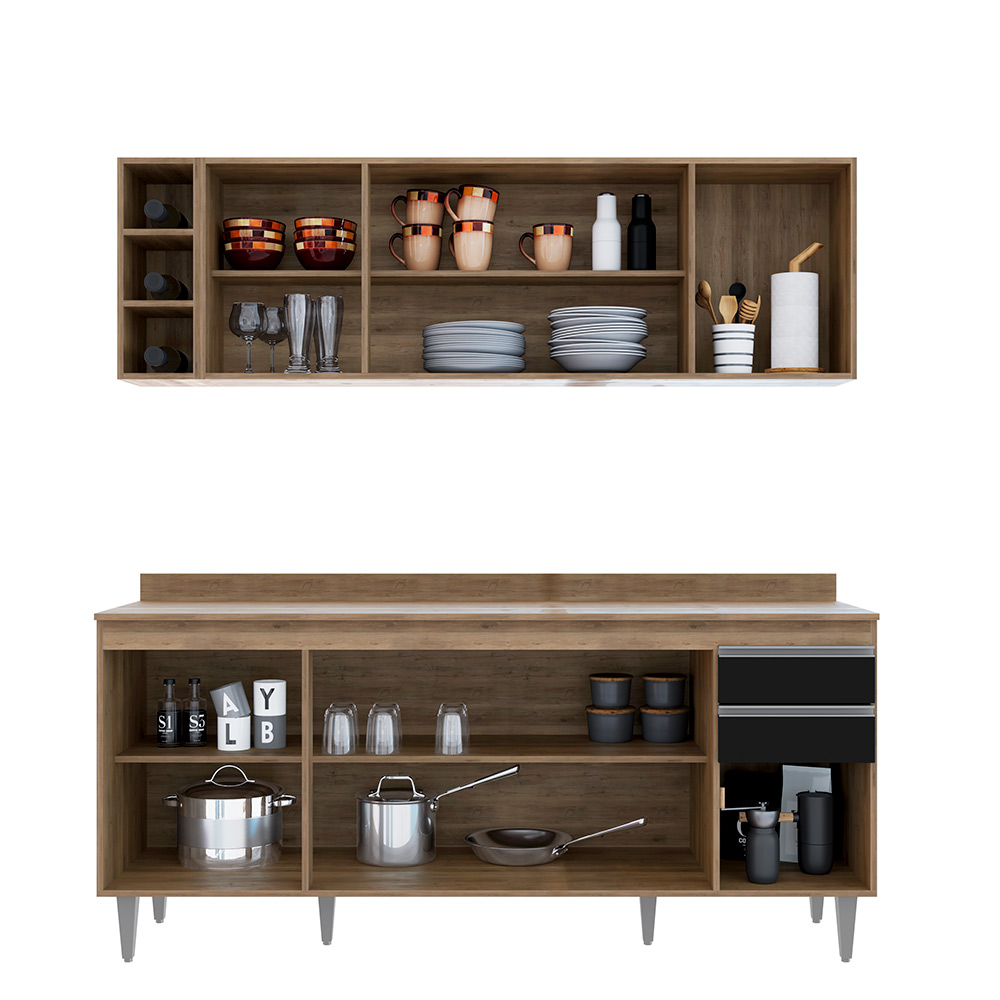 Conjunto Balcão de Cozinha com Tampo Apex Armário Aéreo MDP/BP Freijó/Preto G96 - Gran Belo