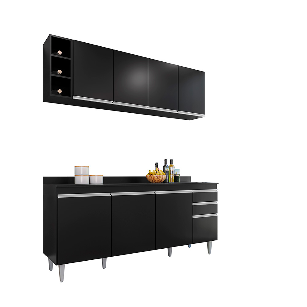 Conjunto Balcão de Cozinha com Tampo Apex Armário Aéreo MDP/BP Preto G96 - Gran Belo