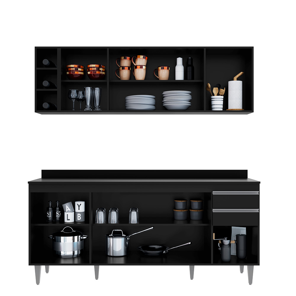 Conjunto Balcão de Cozinha com Tampo Apex Armário Aéreo MDP/BP Preto G96 - Gran Belo