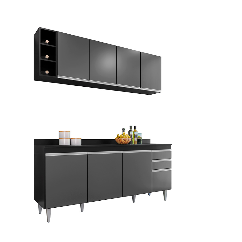 Conjunto Balcão de Cozinha com Tampo Apex Armário Aéreo MDP/BP Preto/Grafite G96 - Gran Belo