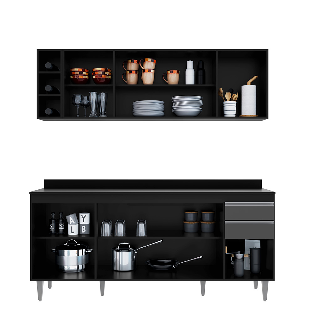 Conjunto Balcão de Cozinha com Tampo Apex Armário Aéreo MDP/BP Preto/Grafite G96 - Gran Belo