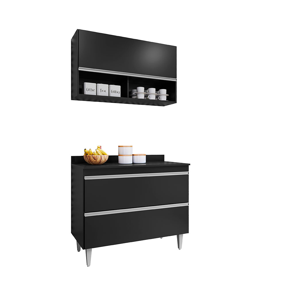 Conjunto Balcão de Cozinha com Tampo Armário Aéreo Wollo MDP/BP Preto G96 - Gran Belo