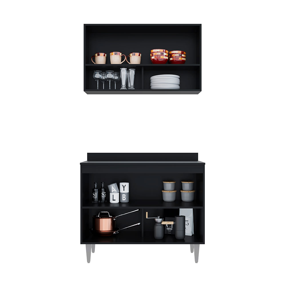Conjunto Balcão de Cozinha com Tampo Armário Aéreo Wollo MDP/BP Preto G96 - Gran Belo