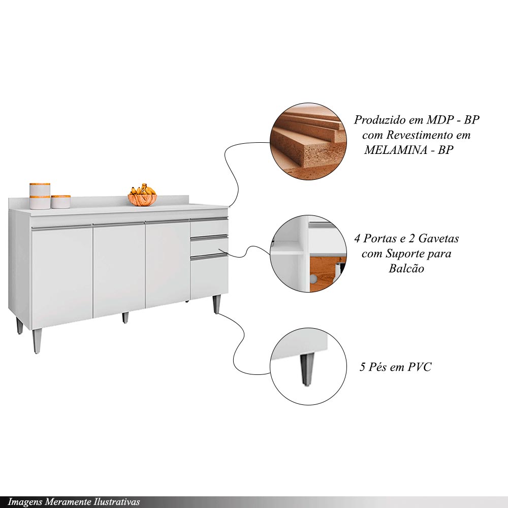 Conjunto Balcão de Cozinha com Tampo Dodoma MDP/BP Branco G96 - Gran Belo