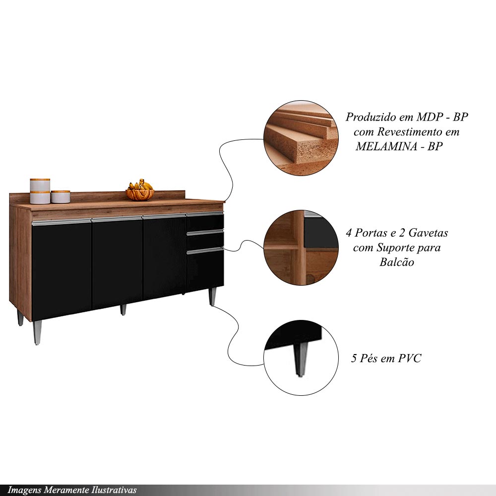 Conjunto Balcão de Cozinha com Tampo Dodoma MDP/BP Freijó/Preto G96 - Gran Belo