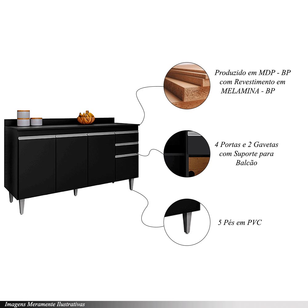 Conjunto Balcão de Cozinha com Tampo Dodoma MDP/BP Preto G96 - Gran Belo