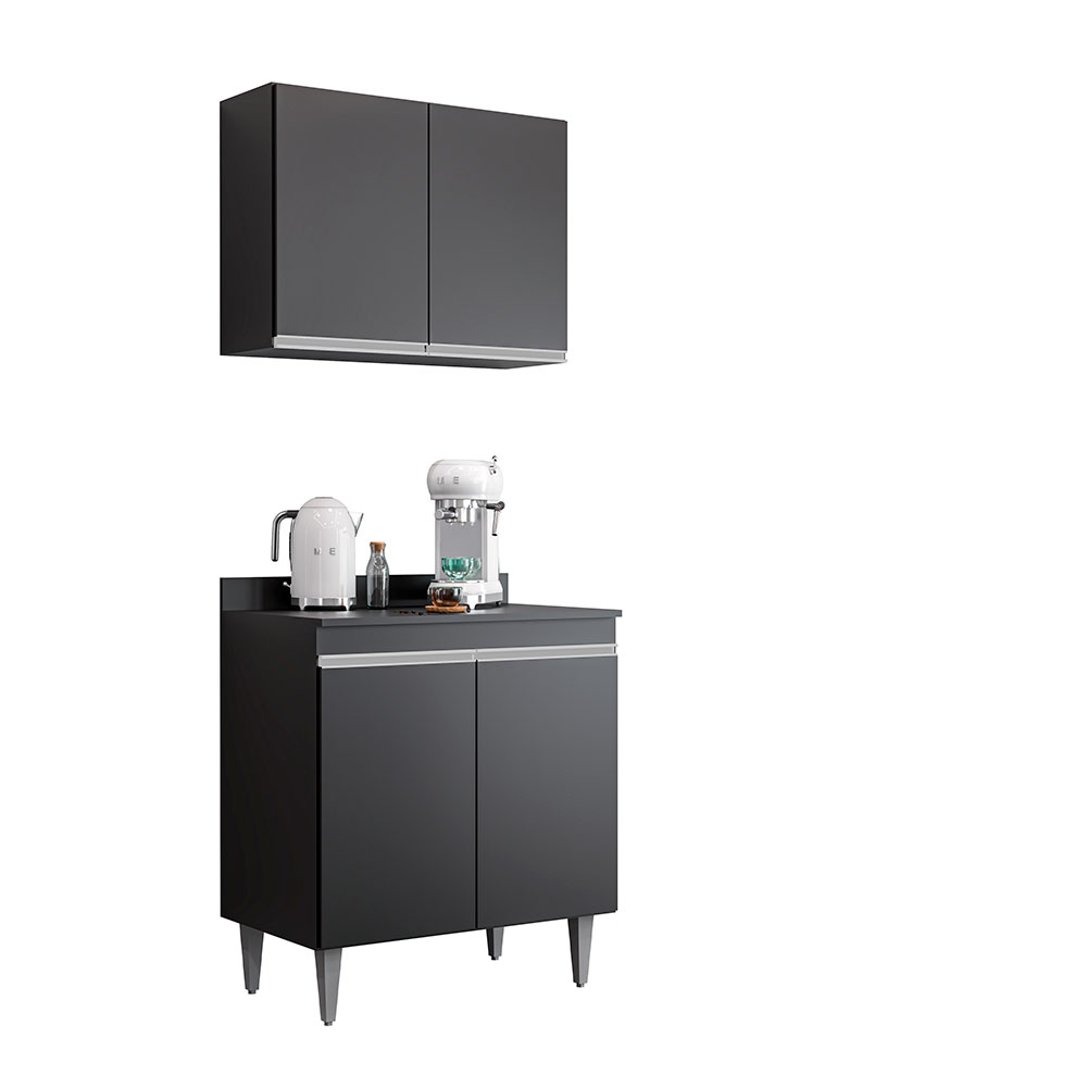 Conjunto Balcão de Cozinha com Tampo Papin Armário Aéreo MDP/BP Preto G96 - Gran Belo