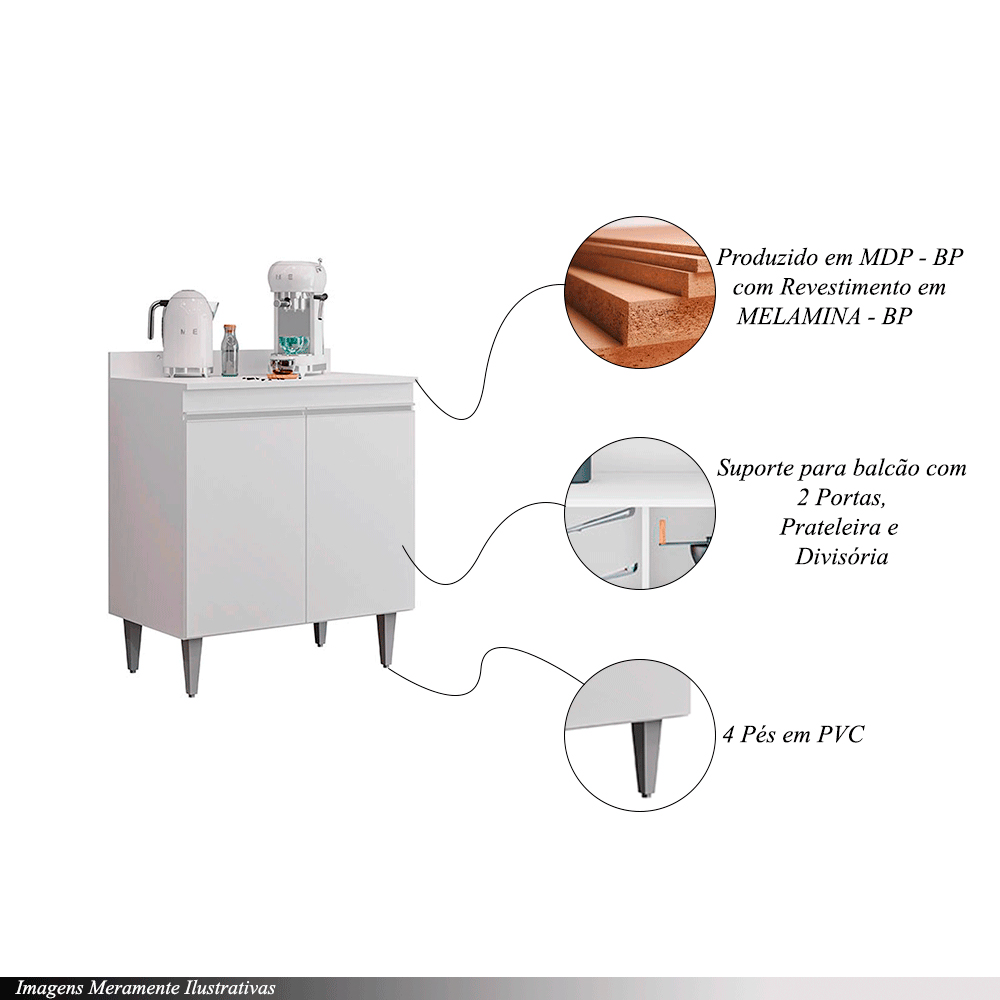 Conjunto Balcão de Cozinha com Tampo Papin MDP/BP Branco G96 - Gran Belo