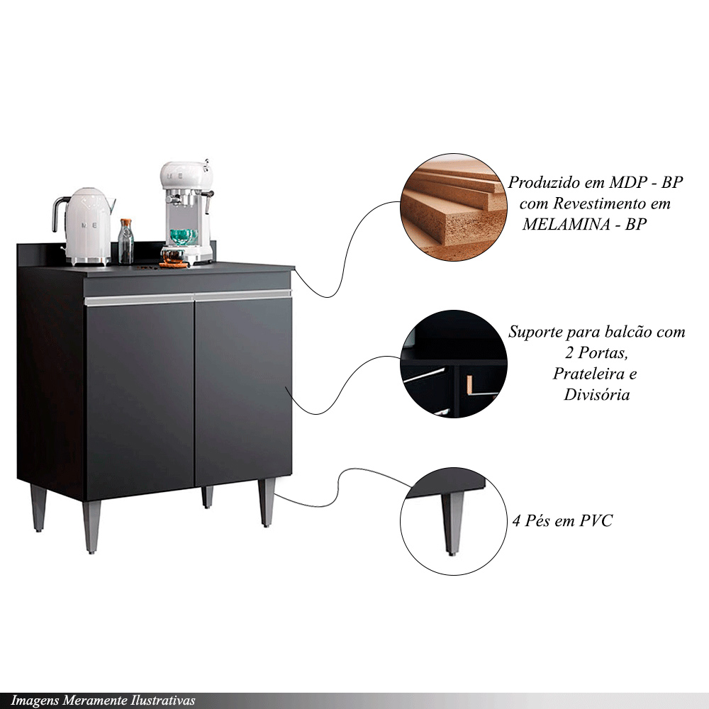 Conjunto Balcão de Cozinha com Tampo Papin MDP/BP Preto G96 - Gran Belo
