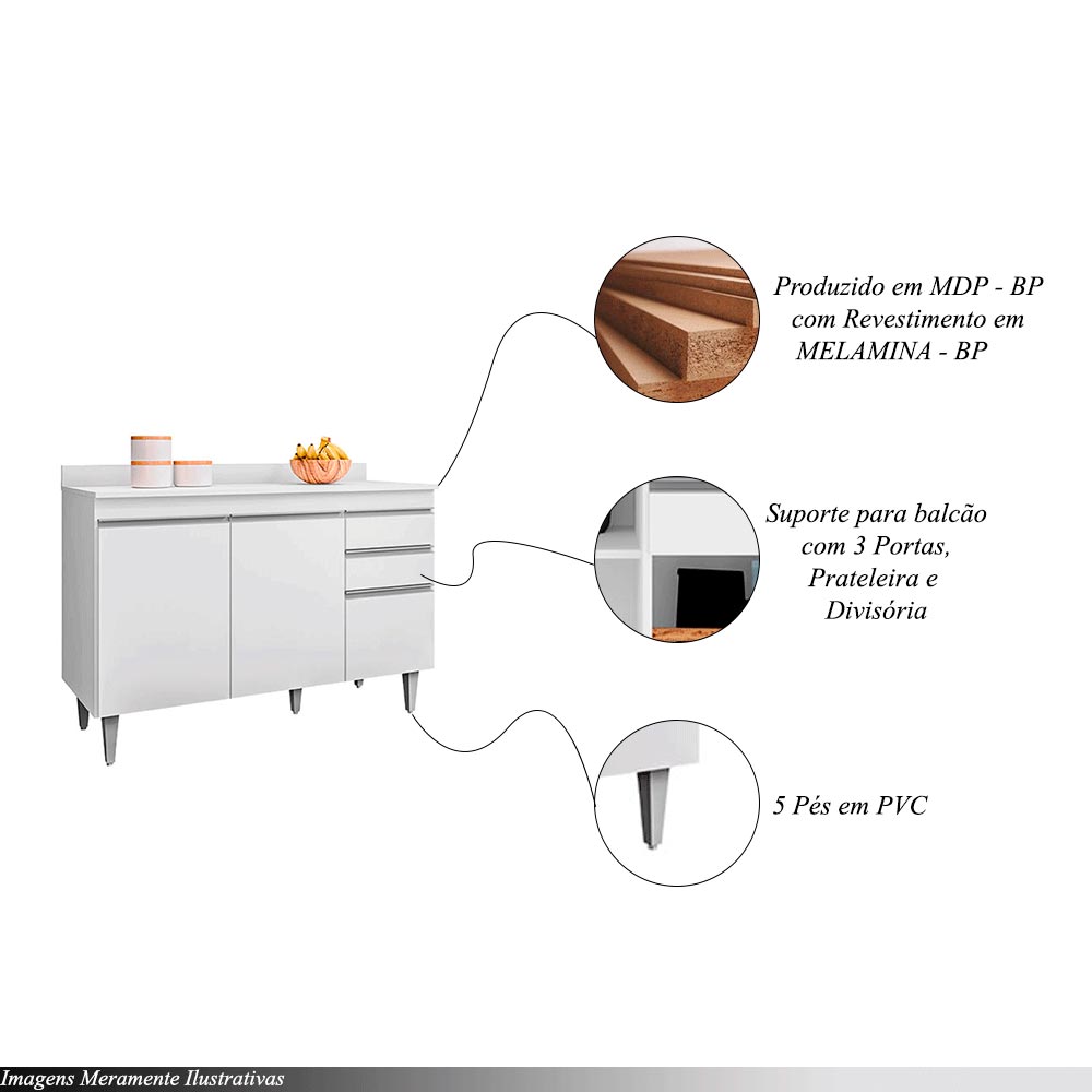 Conjunto Balcão de Cozinha com Tampo Pursat MDP/BP Branco G96 - Gran Belo