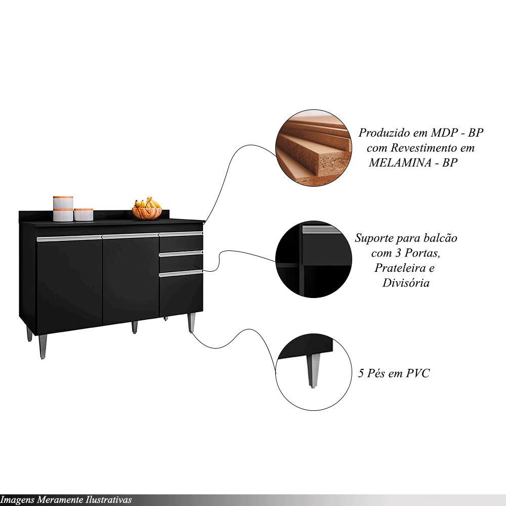 Conjunto Balcão de Cozinha com Tampo Pursat MDP/BP Preto G96 - Gran Belo