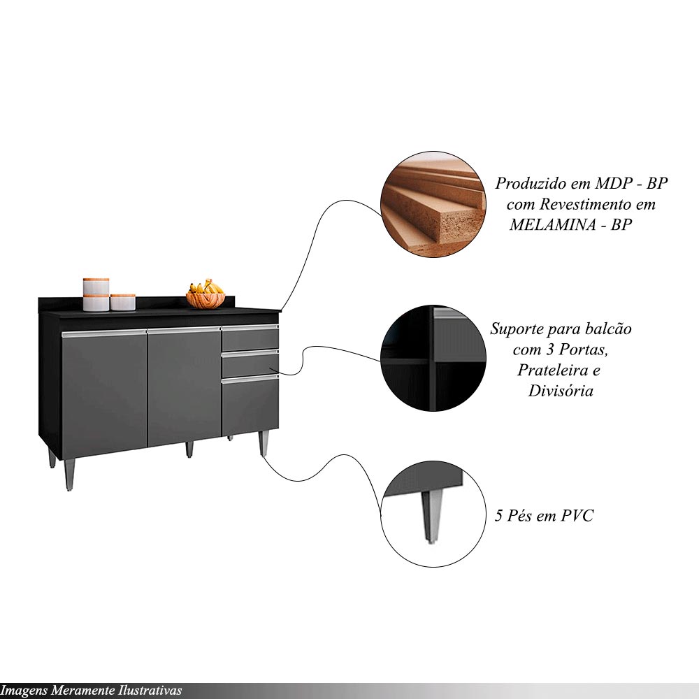 Conjunto Balcão de Cozinha com Tampo Pursat MDP/BP Preto/Grafite G96 - Gran Belo