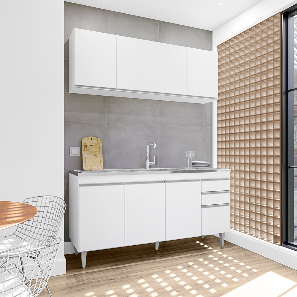 Conjunto Balcão de Cozinha e Aéreo para Pia Marcos MDP/BP Branco G96 - Gran Belo