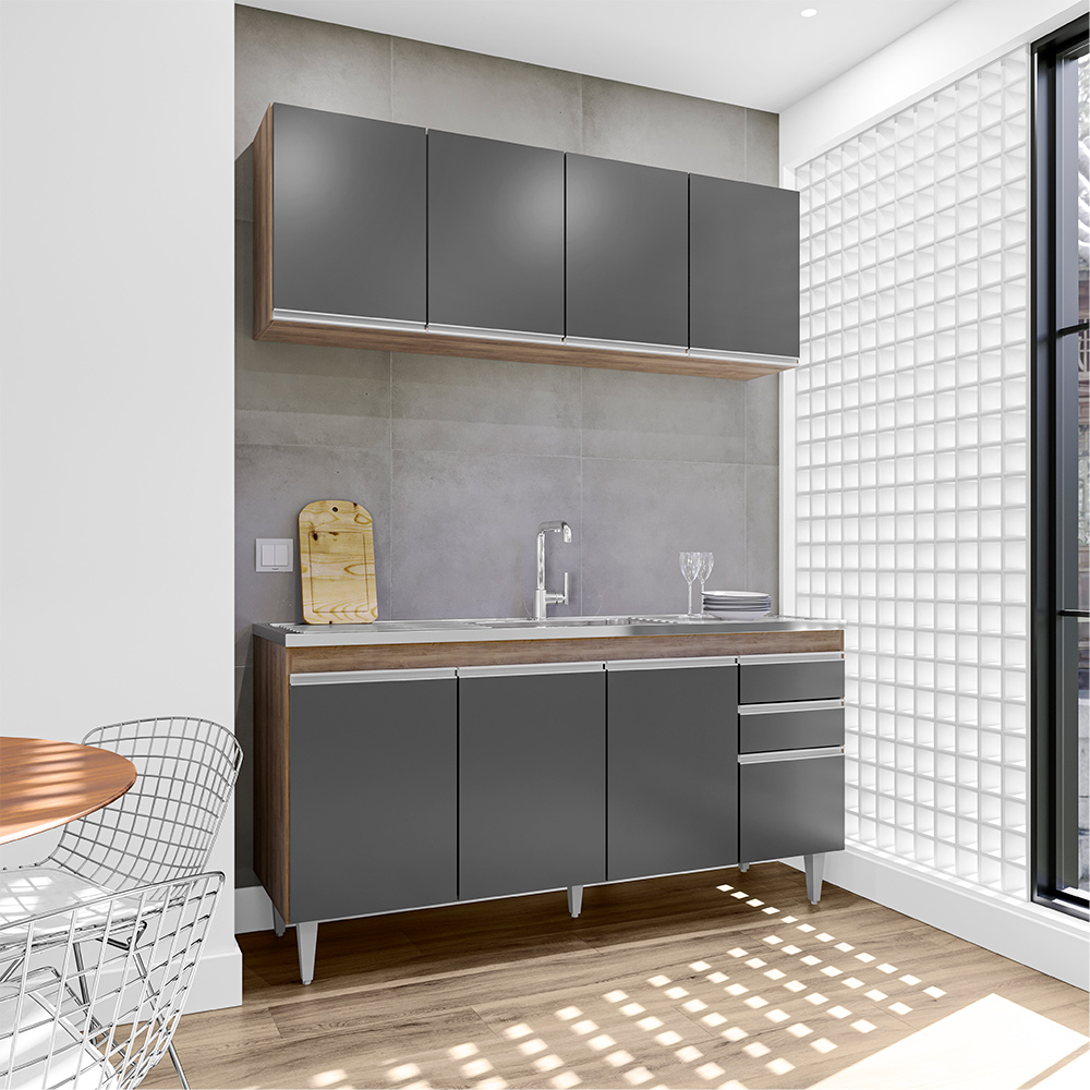 Conjunto Balcão de Cozinha e Aéreo para Pia Marcos MDP/BP Freijó/Grafite G96 - Gran Belo