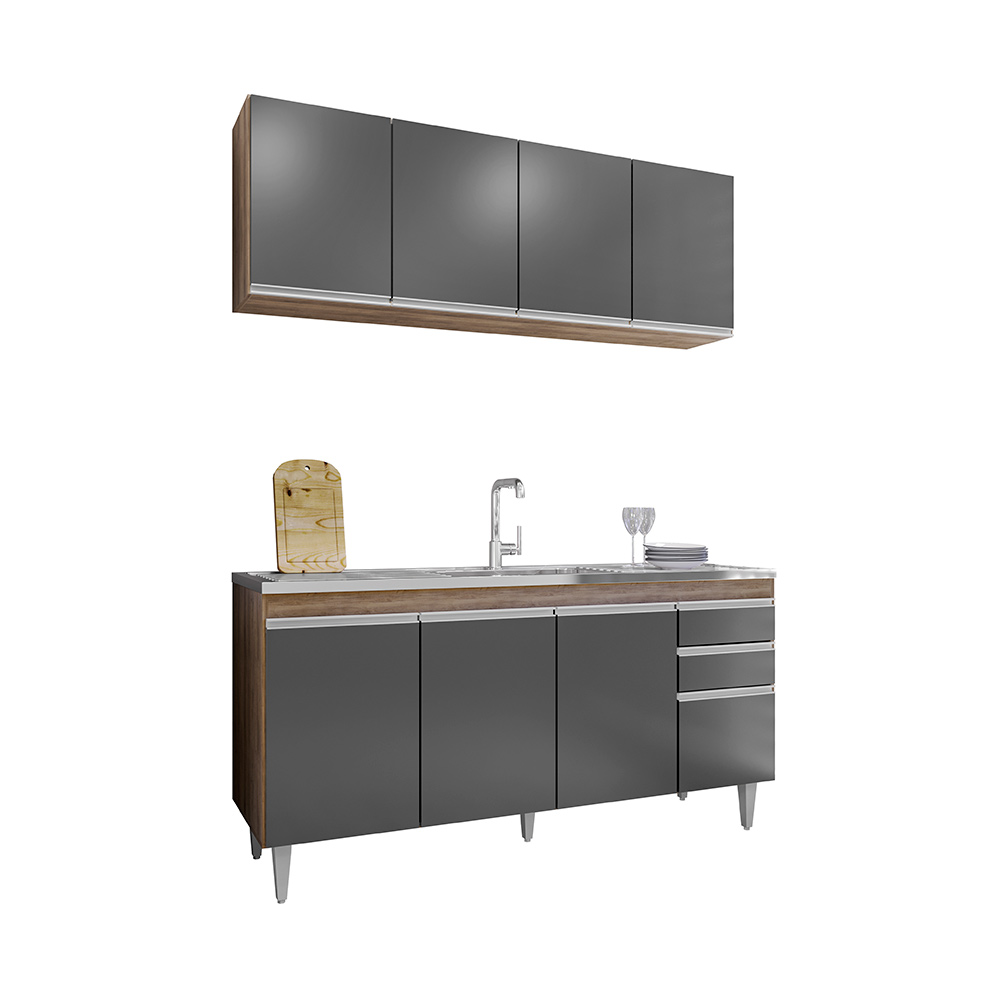 Conjunto Balcão de Cozinha e Aéreo para Pia Marcos MDP/BP Freijó/Grafite G96 - Gran Belo