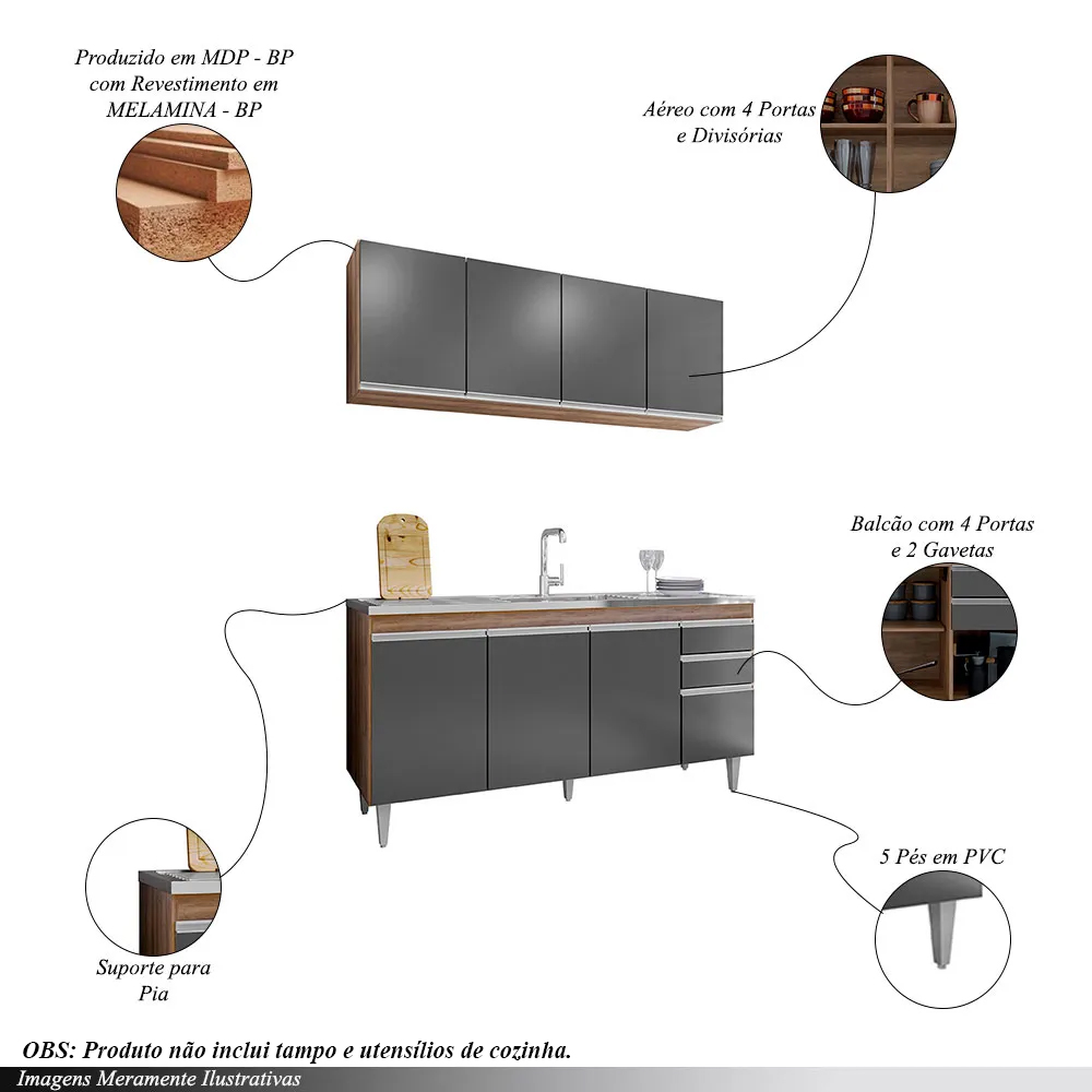 Conjunto Balcão de Cozinha e Aéreo para Pia Marcos MDP/BP Freijó/Grafite G96 - Gran Belo