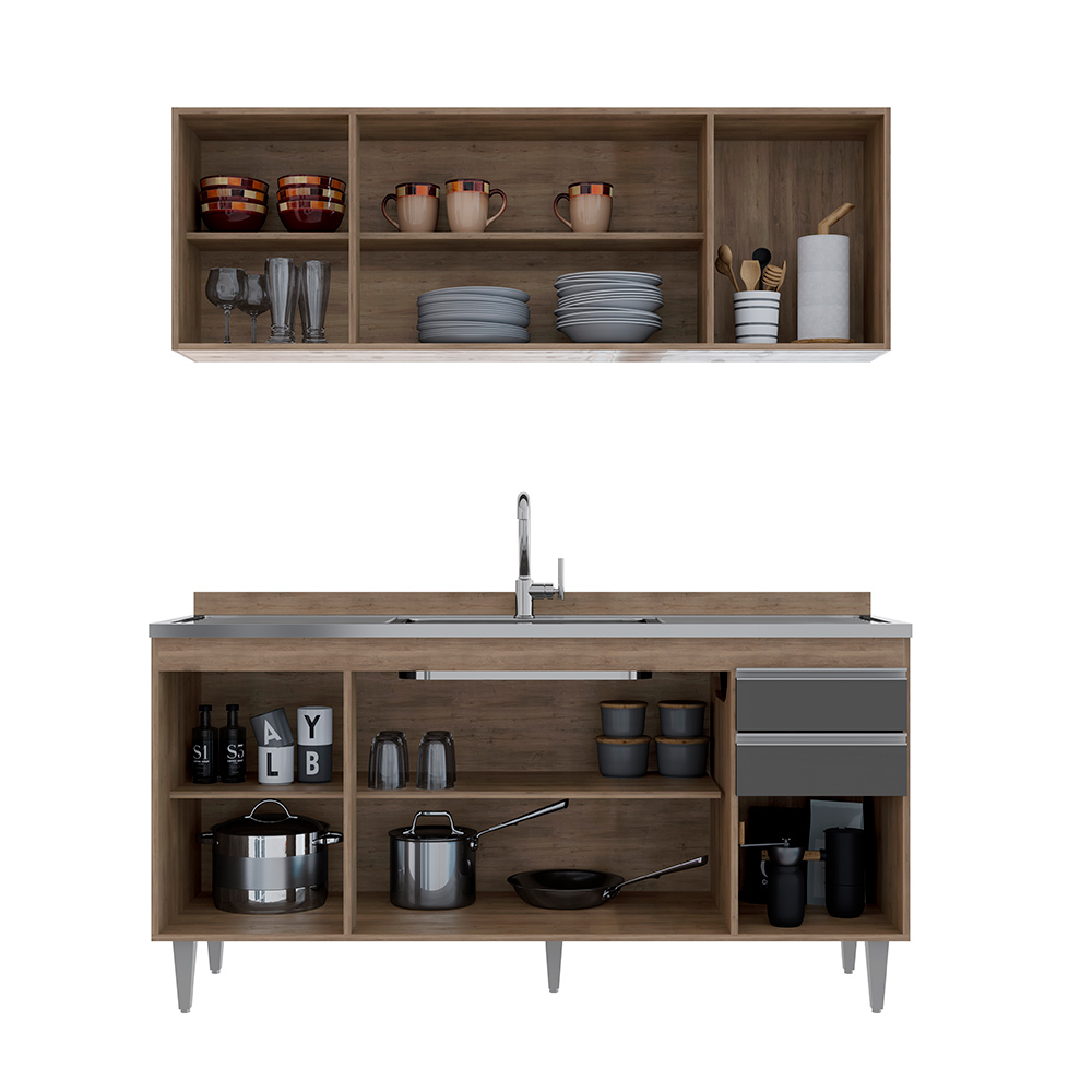 Conjunto Balcão de Cozinha e Aéreo para Pia Marcos MDP/BP Freijó/Grafite G96 - Gran Belo