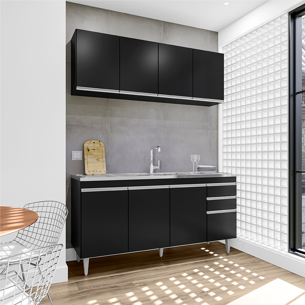 Conjunto Balcão de Cozinha e Aéreo para Pia Marcos MDP/BP Preto G96 - Gran Belo