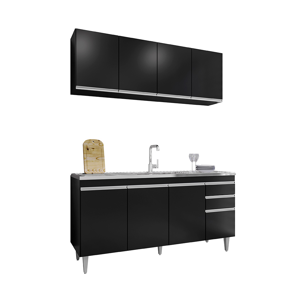 Conjunto Balcão de Cozinha e Aéreo para Pia Marcos MDP/BP Preto G96 - Gran Belo