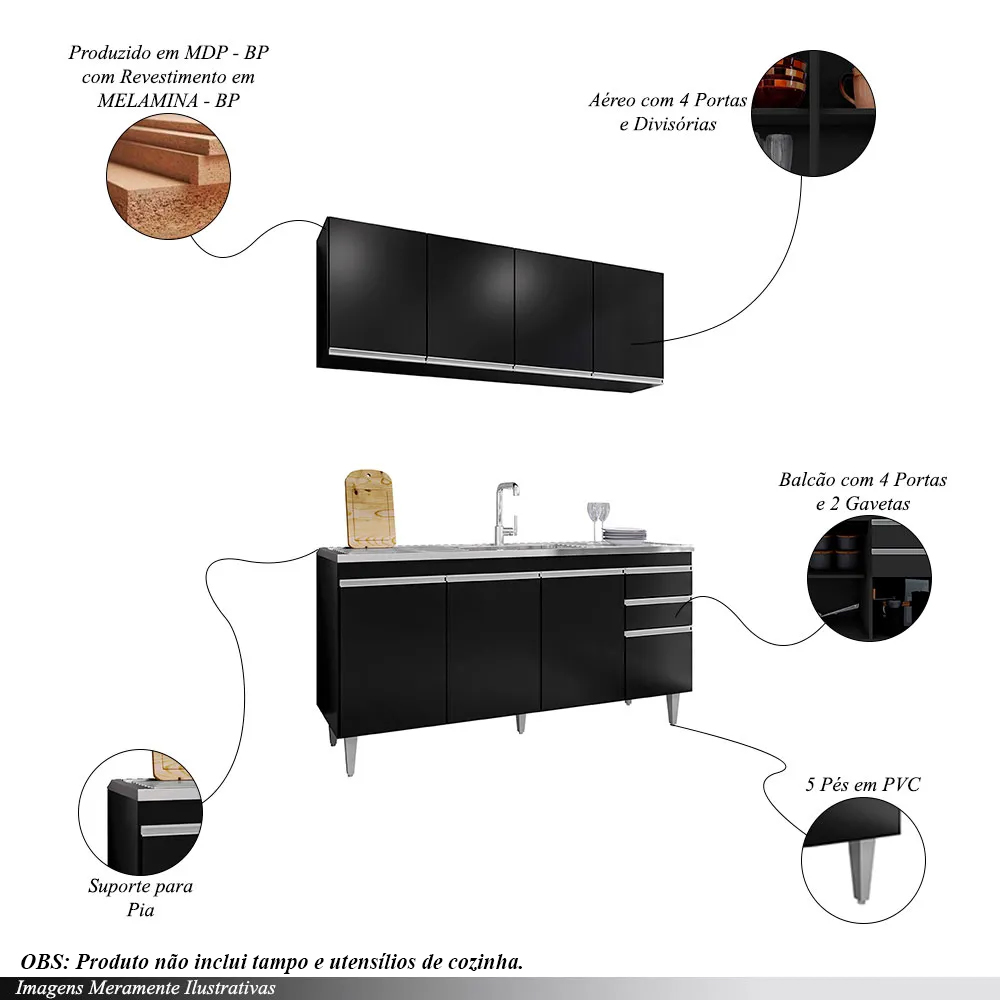 Conjunto Balcão de Cozinha e Aéreo para Pia Marcos MDP/BP Preto G96 - Gran Belo