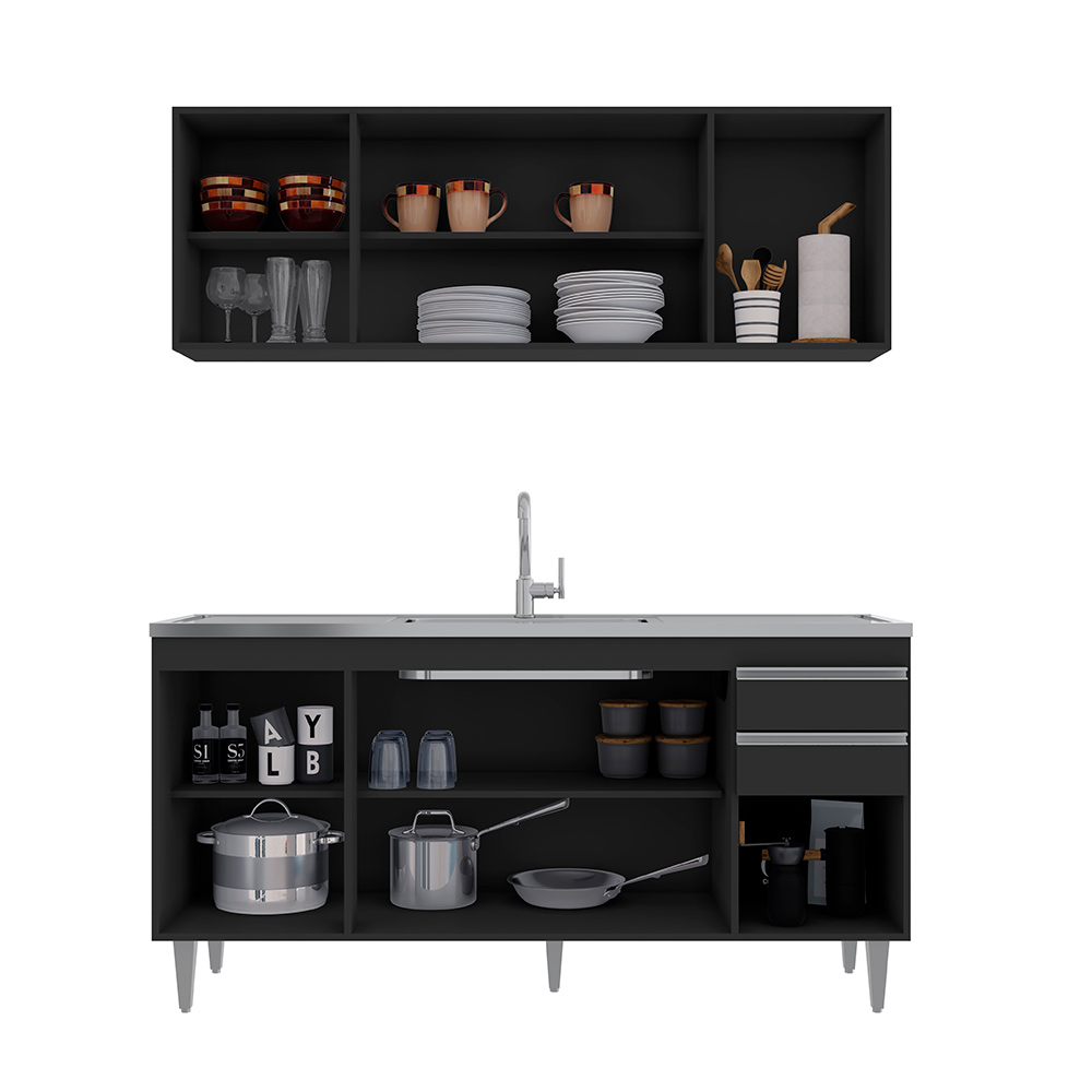 Conjunto Balcão de Cozinha e Aéreo para Pia Marcos MDP/BP Preto G96 - Gran Belo