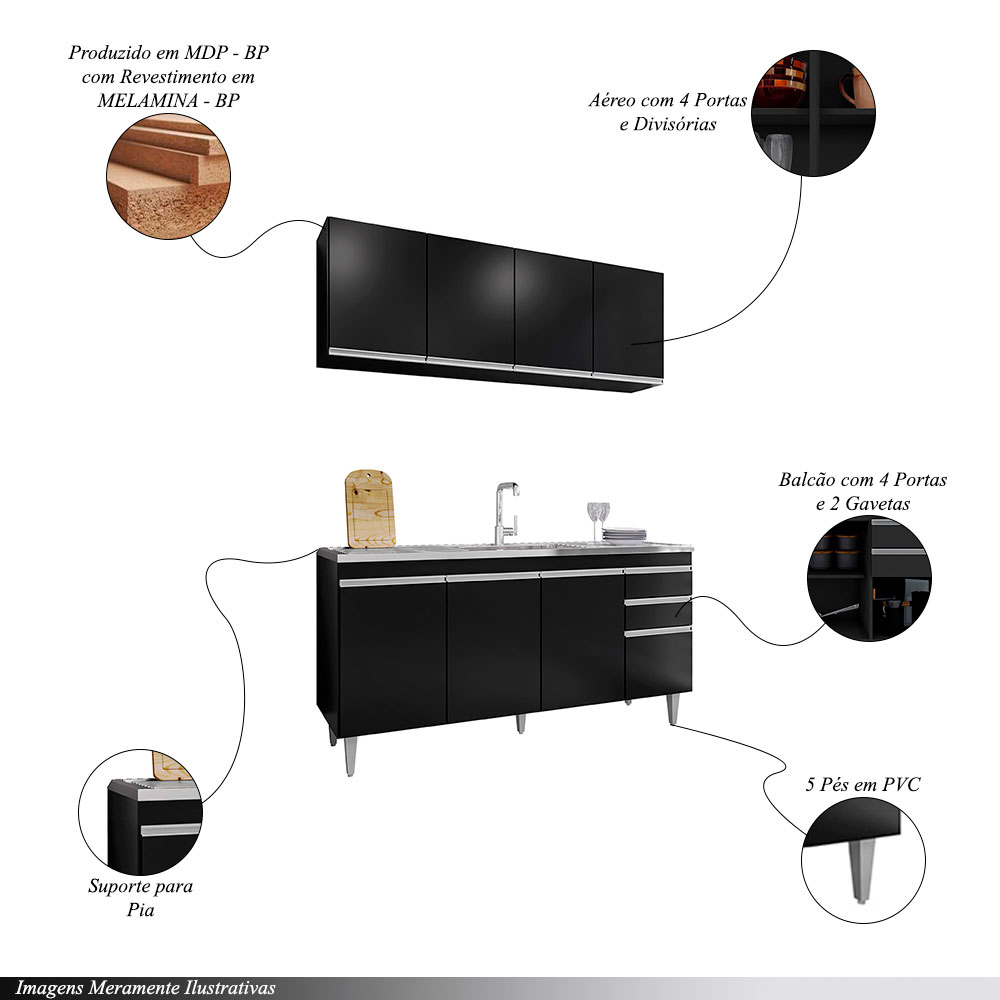 Conjunto Balcão de Cozinha e Aéreo para Pia Marcos MDP/BP Preto G96 - Gran Belo