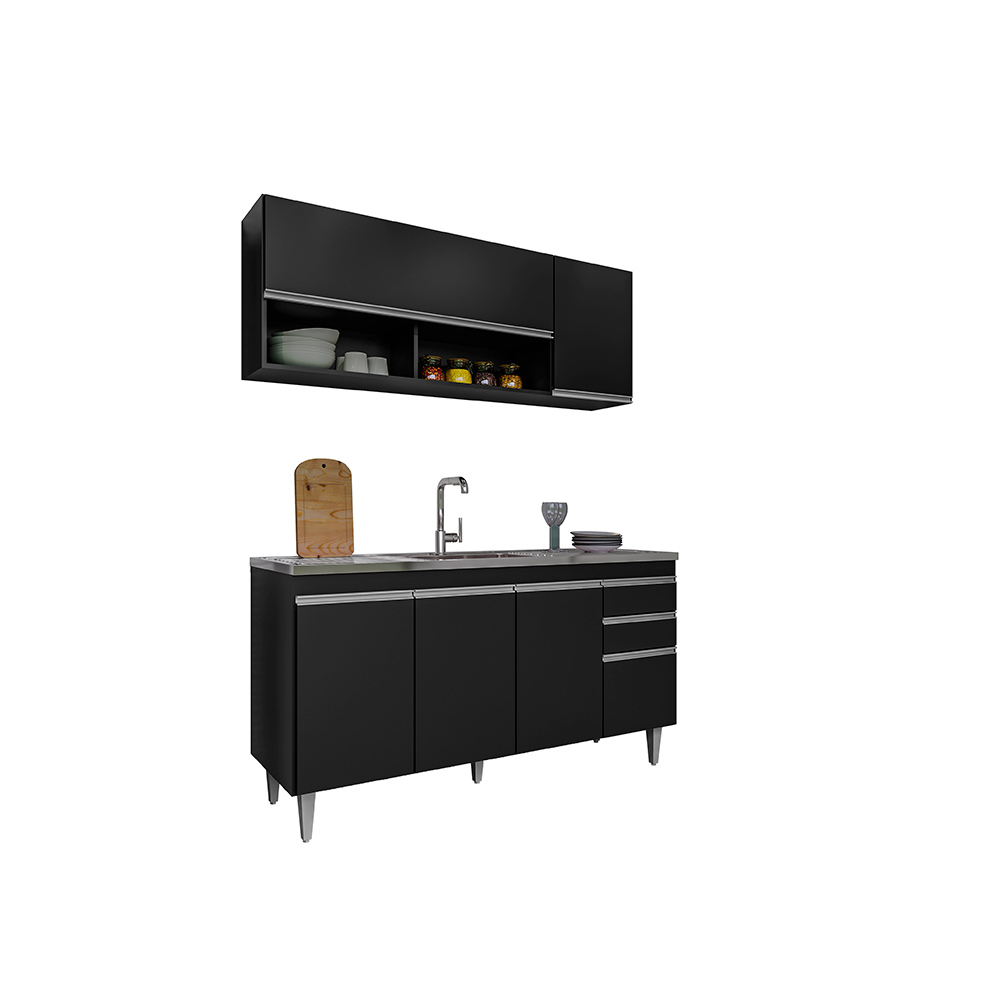Conjunto Balcão de Cozinha para Pia Aéreo Dodoma MDP/BP Preto G96 - Gran Belo