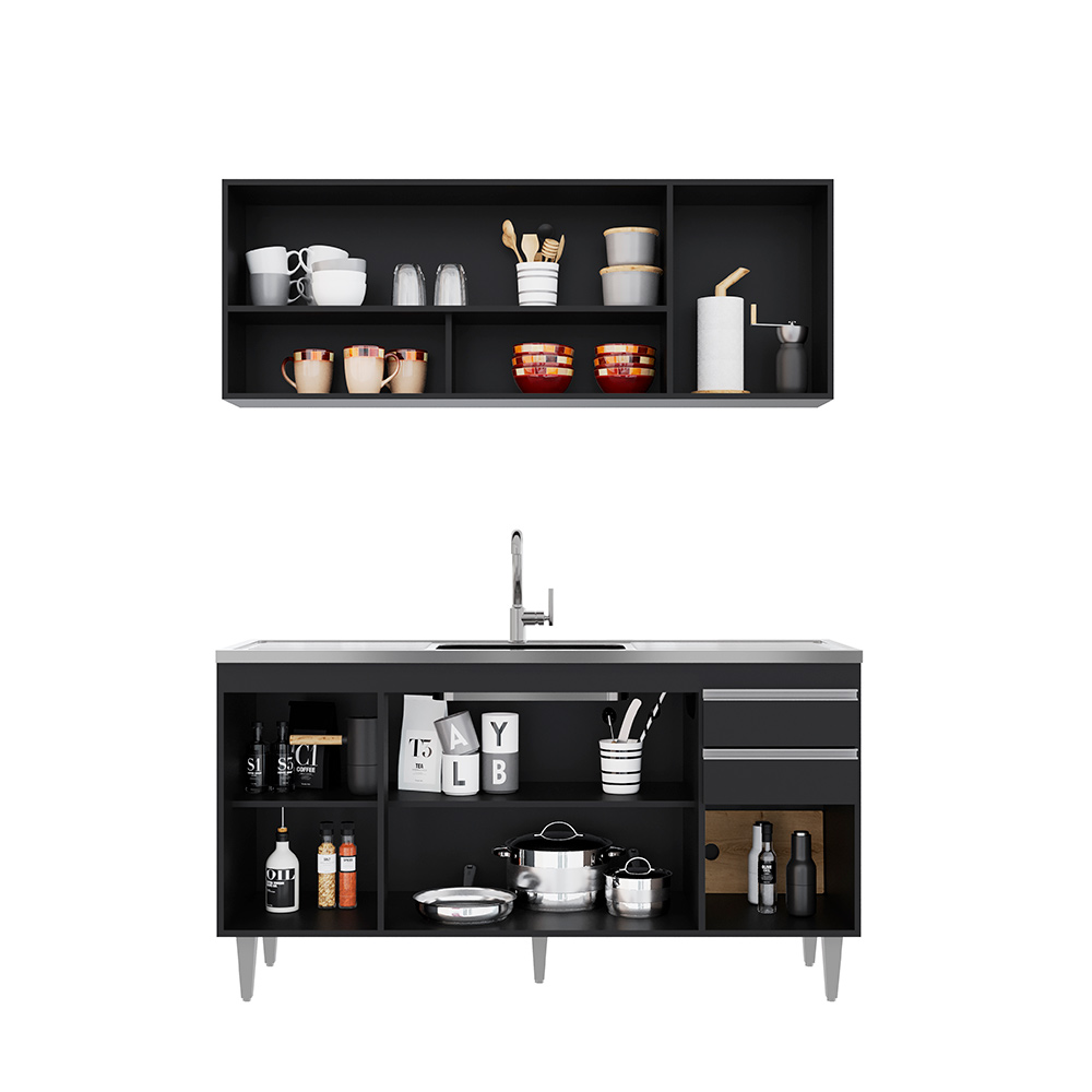 Conjunto Balcão de Cozinha para Pia Aéreo Dodoma MDP/BP Preto G96 - Gran Belo