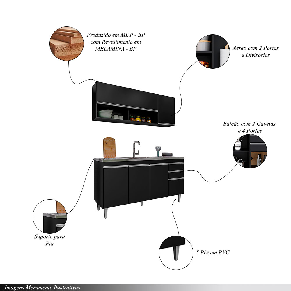Conjunto Balcão de Cozinha para Pia Aéreo Dodoma MDP/BP Preto G96 - Gran Belo