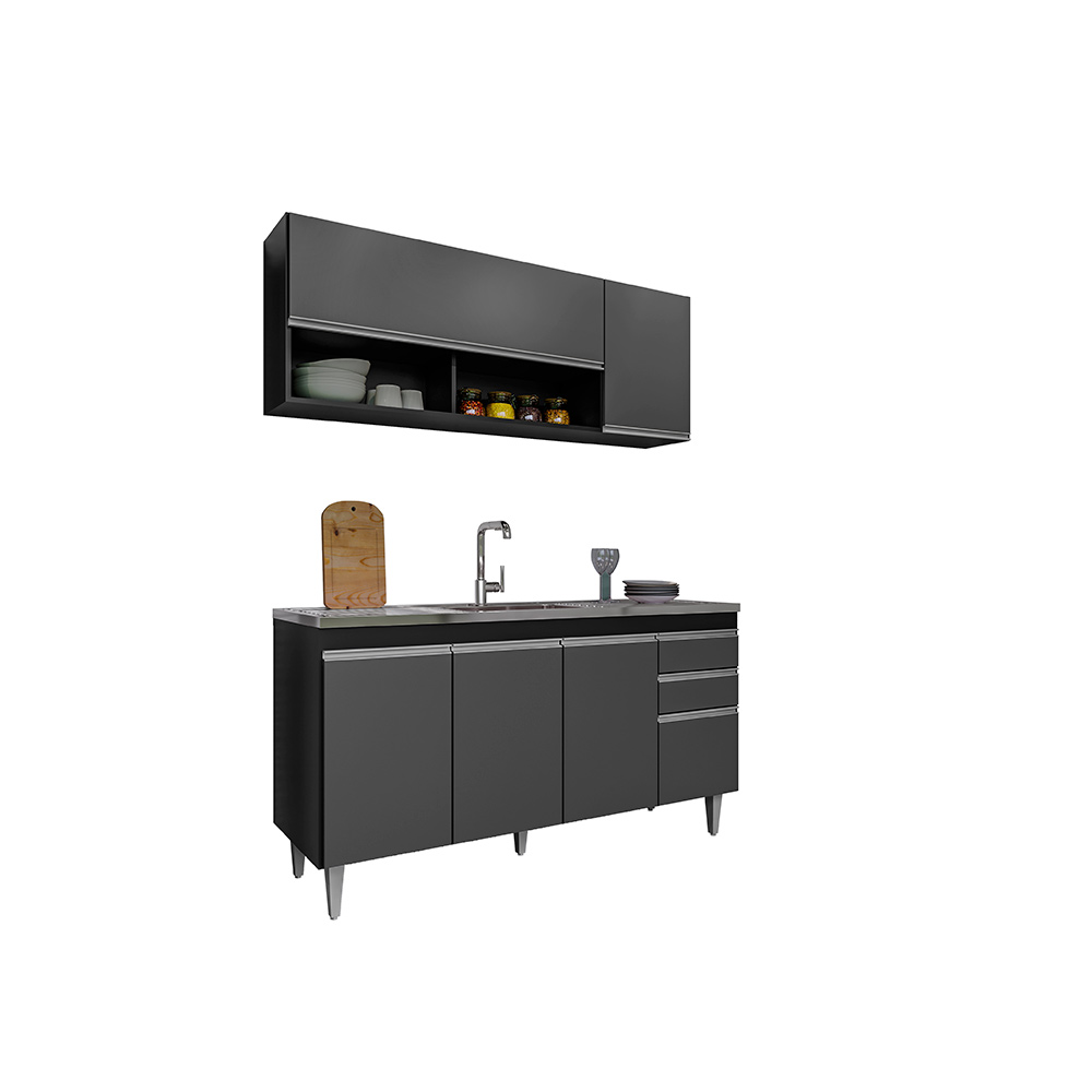Conjunto Balcão de Cozinha para Pia Aéreo Dodoma MDP/BP Preto/Grafite G96 - Gran Belo