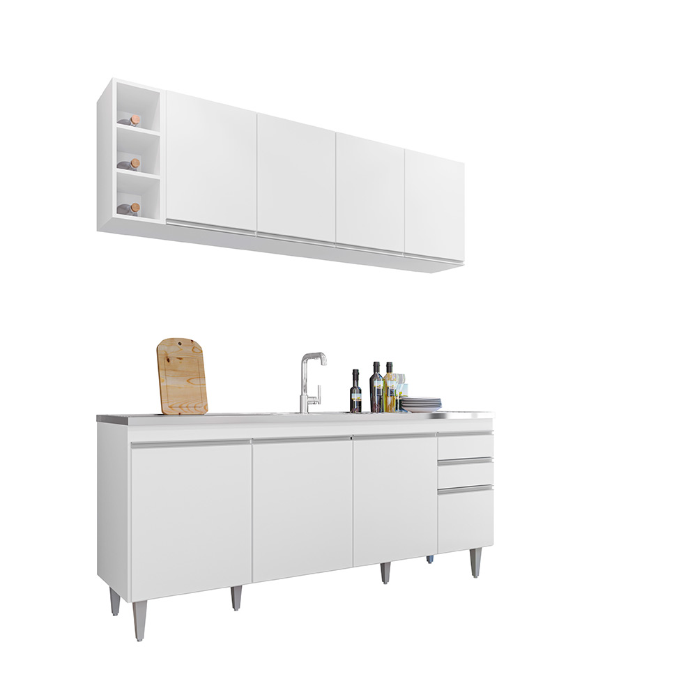 Conjunto Balcão de Cozinha para Pia Apex Armário Aéreo MDP/BP Branco G96 - Gran Belo