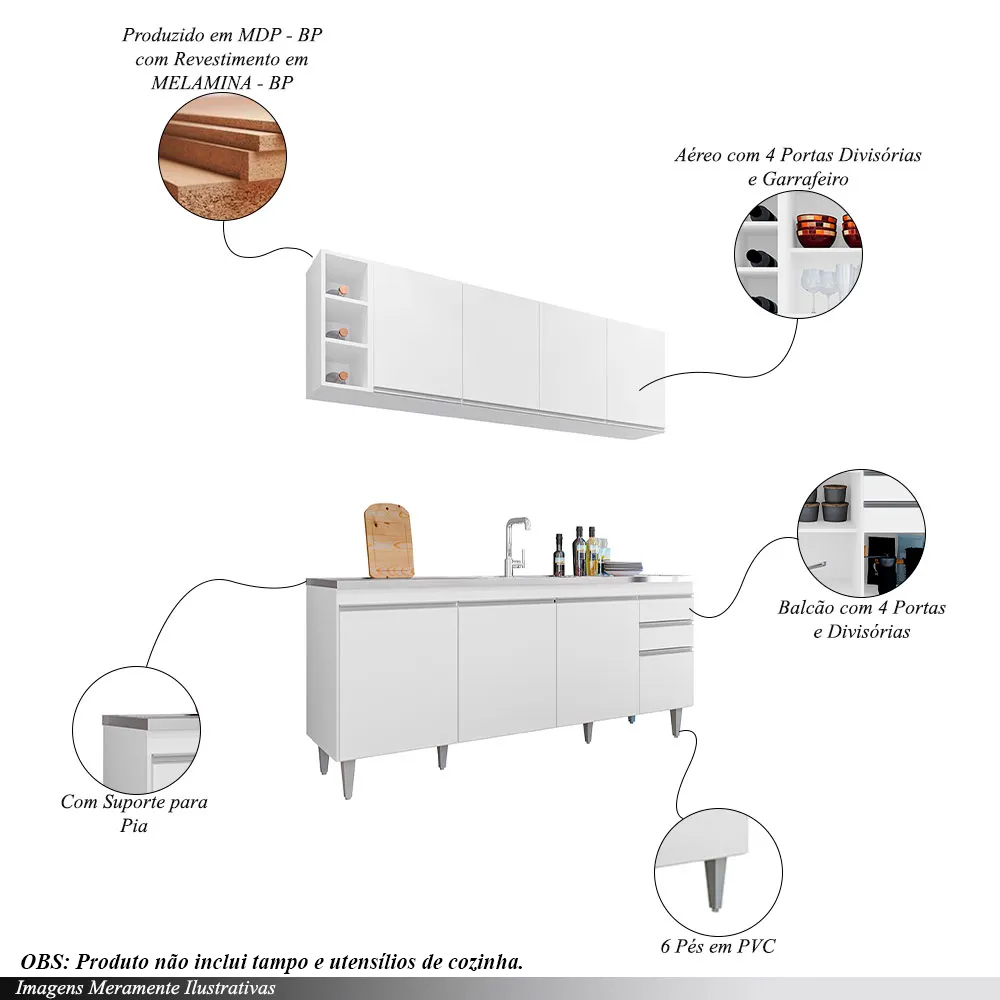 Conjunto Balcão de Cozinha para Pia Apex Armário Aéreo MDP/BP Branco G96 - Gran Belo