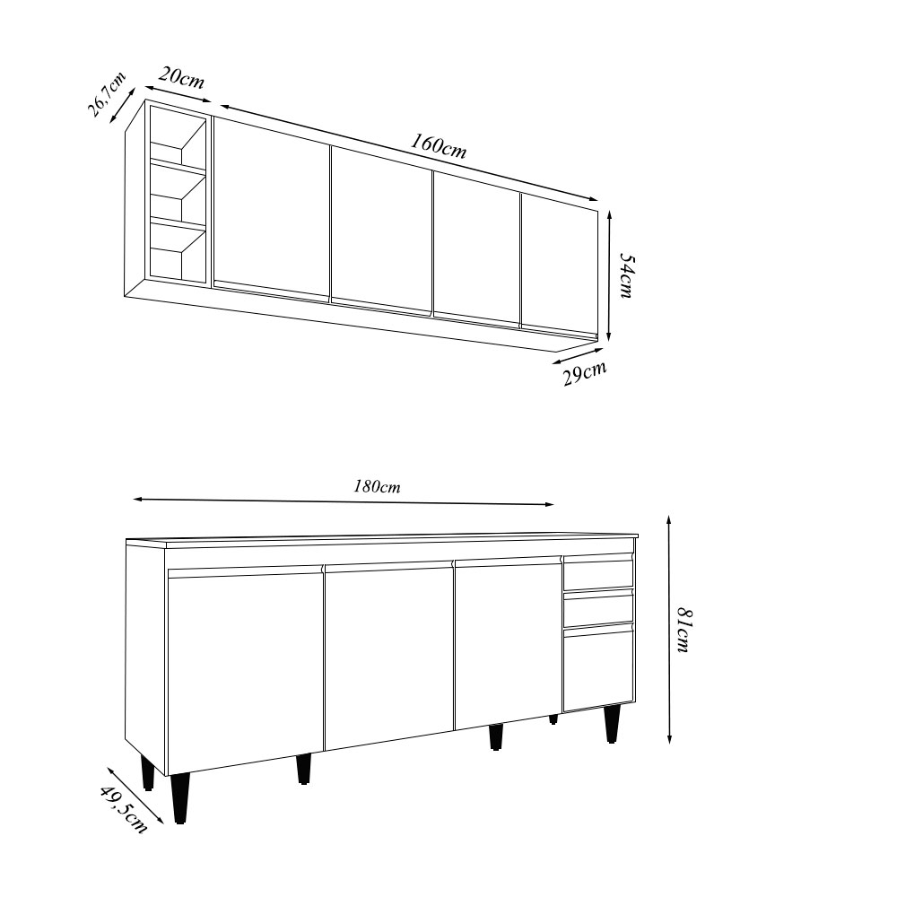 Conjunto Balcão de Cozinha para Pia Apex Armário Aéreo MDP/BP Branco G96 - Gran Belo